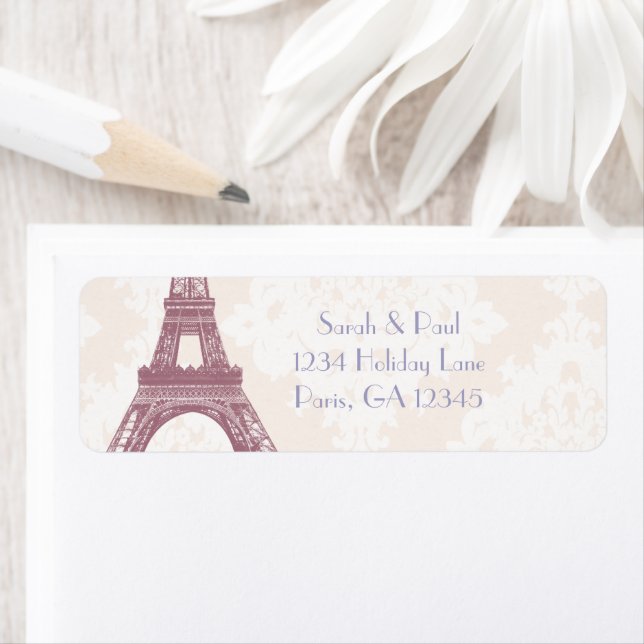 Silver Peony Damask Lavender  Vintage Eiffel Tower Label (Insitu)