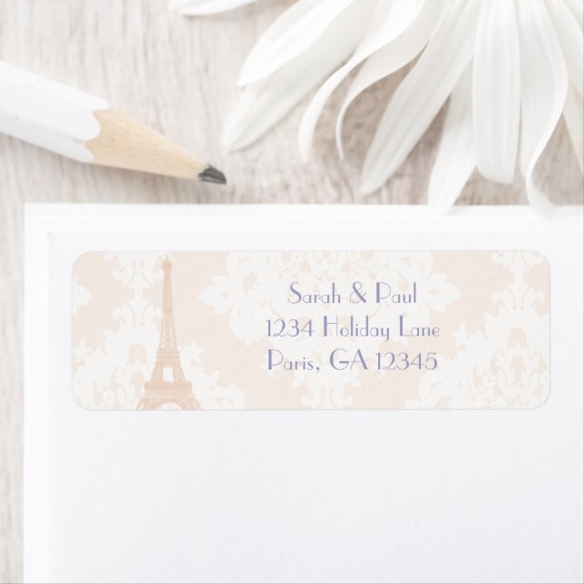 Silver Peony Damask Lavender  Vintage Eiffel Tower Label (Insitu)