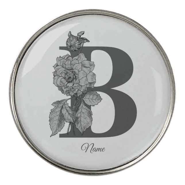 Silver Peony Elegant Monogram Initial B Name  Golf Ball Marker (Front)