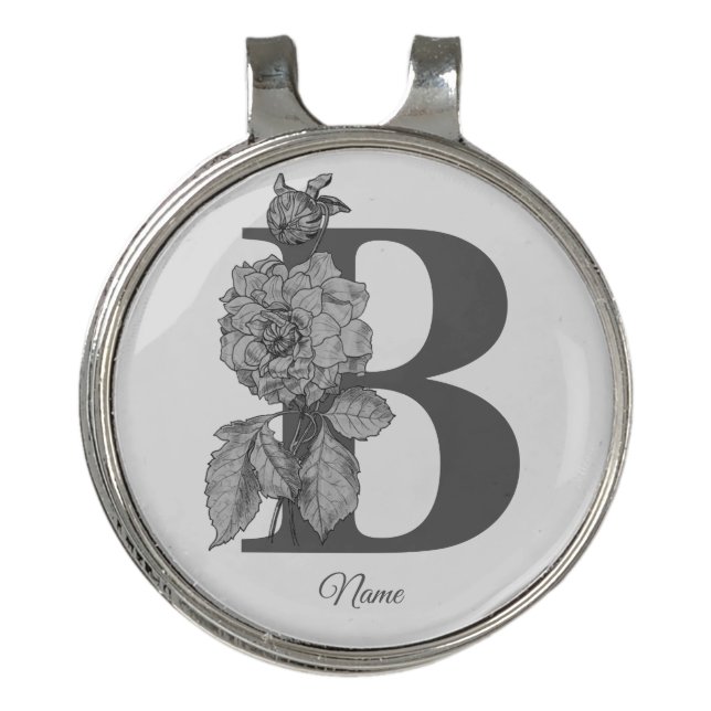 Silver Peony Elegant Monogram Initial B Name Golf Hat Clip (Front)