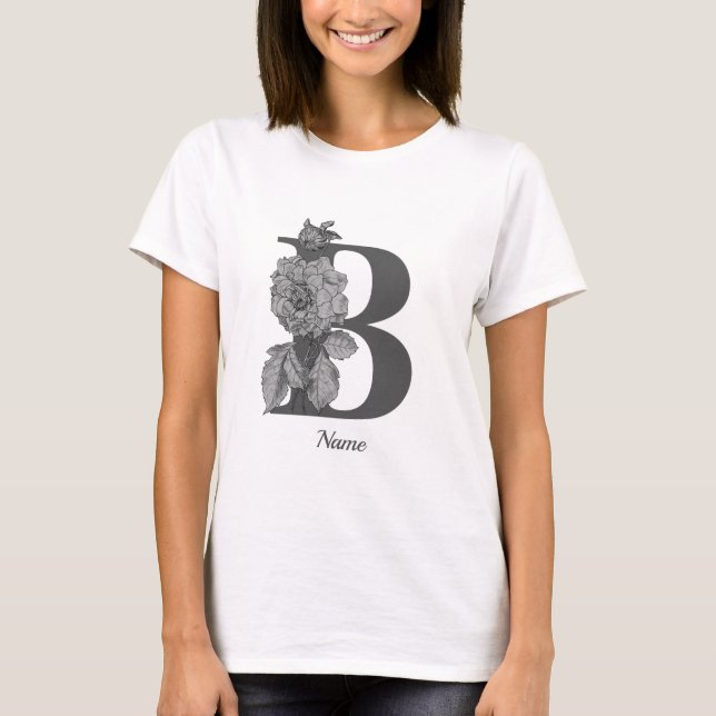 Silver Peony Elegant Monogram Initial B Name T-Shirt (Front)