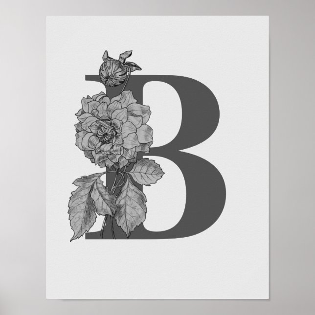 Silver Peony Elegant Monogram Initial B  Poster (Front)
