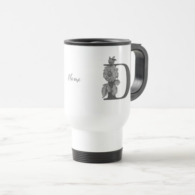 Silver Peony Elegant Monogram Initial D Name Travel Mug (Front Right)