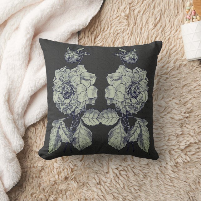 Silver Peony Flower Art Throw Pillow (Blanket)