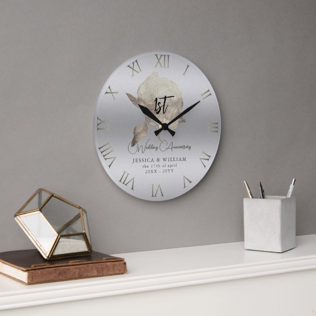 Silver Peony Frosted Glass Wedding Anniversary Large Clock (Office)