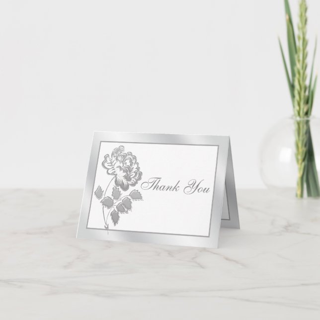 Silver Peony on White Thank You Card (Front)