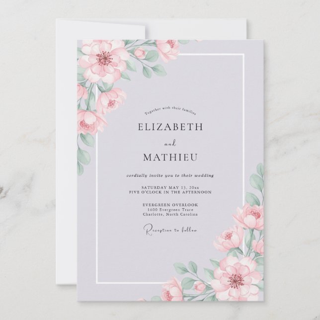 Silver Periwinkle Peony Wedding Invitation (Front)