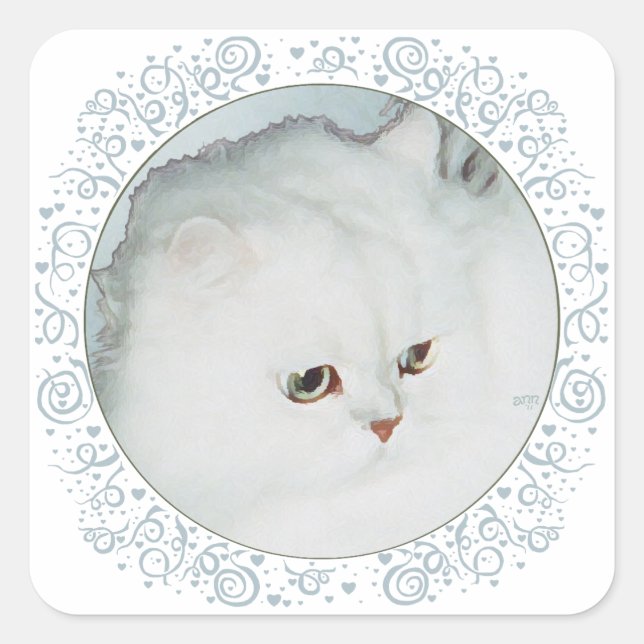 Silver Persian Cat Head Study Square Sticker (Front)