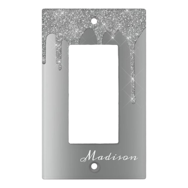 Silver Personalized Glitter Drips Pretty Girly Light Switch Cover (Front)