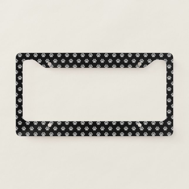 Silver Pet Lover Paw Print Pattern | Black License Plate Frame (Front)