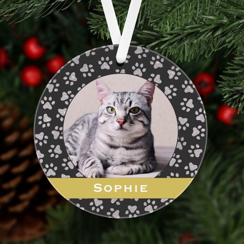 Silver Pet Paw Prints Gold Custom Cat Name Photo Ornament