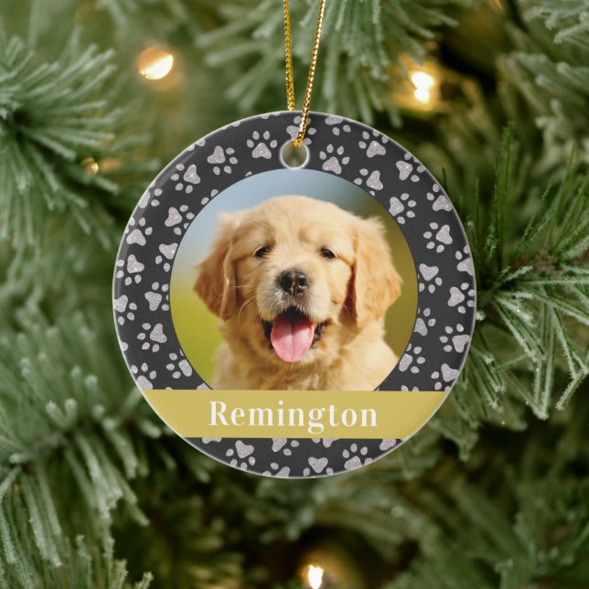 Silver Pet Paw Prints Gold Custom Dog Name Photo Ceramic Ornament (Tree)