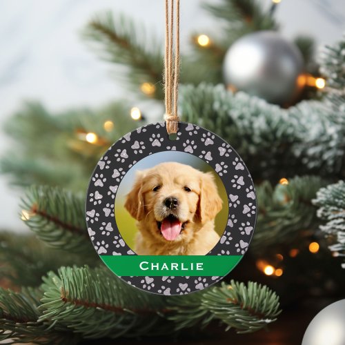 Silver Pet Paw Prints Green Custom Dog Name Photo Ornament