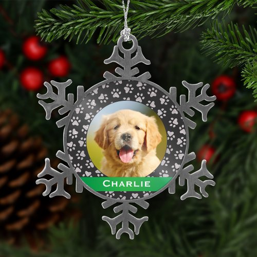 Silver Pet Paw Prints Green Custom Dog Name Photo Snowflake Pewter Christmas Ornament