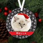 Silver Pet Paw Prints Red Custom Cat Name Photo Ornament<br><div class="desc">This elegant custom holiday ornament can be personalized with a cute photo of your pet cat (or dog) and their first name. Includes a soft black background color with a red monogram stripe and silver paw print pattern. Makes a unique Christmas gift for cat lovers or to celebrate kitty's first...</div>