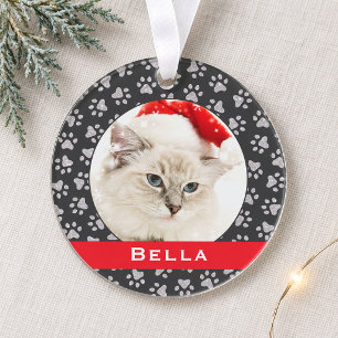 Silver Pet Paw Prints Red Custom Cat Name Photo Ornament