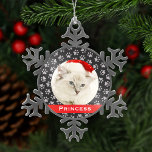 Silver Pet Paw Prints Red Custom Cat Name Photo Snowflake Pewter Christmas Ornament<br><div class="desc">This elegant custom holiday ornament can be personalized with a cute photo of your pet cat (or dog) and their first name. Includes a soft black background color with a red monogram stripe and silver paw print pattern. Makes a unique Christmas gift for cat lovers or to celebrate kitty's first...</div>