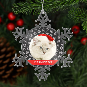 Silver Pet Paw Prints Red Custom Cat Name Photo Snowflake Pewter Christmas Ornament by Plush_Paper at Zazzle