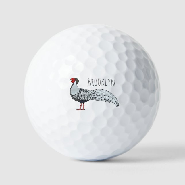 Silver pheasant bird cartoon illustration  golf balls (Front)