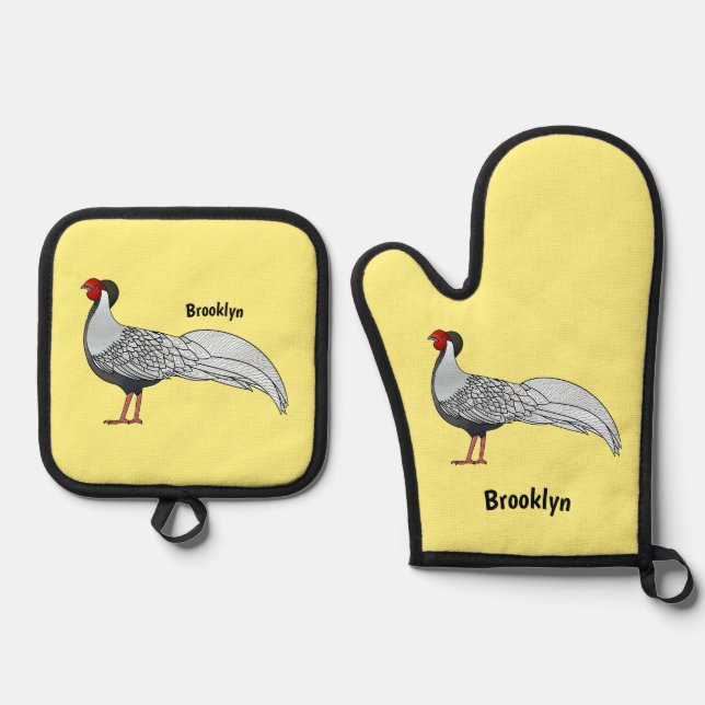 Silver pheasant bird cartoon illustration  oven mitt & pot holder set (Front)