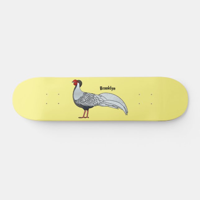 Silver pheasant bird cartoon illustration  skateboard (Horz)