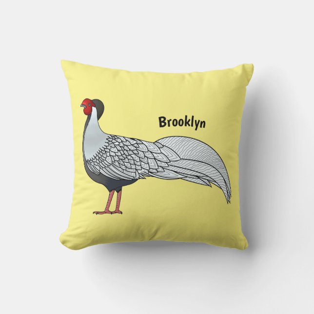 Silver pheasant bird cartoon illustration  throw pillow (Front)