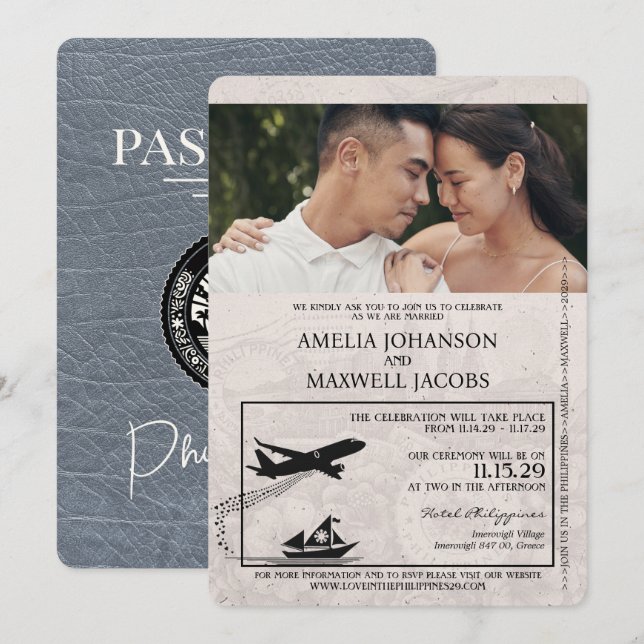 Silver Philippines Passport Wedding Invitation (Front/Back)