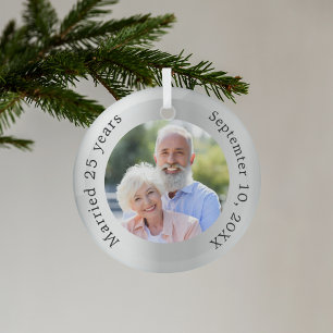 Silver photo 25th wedding anniversary glass ornament