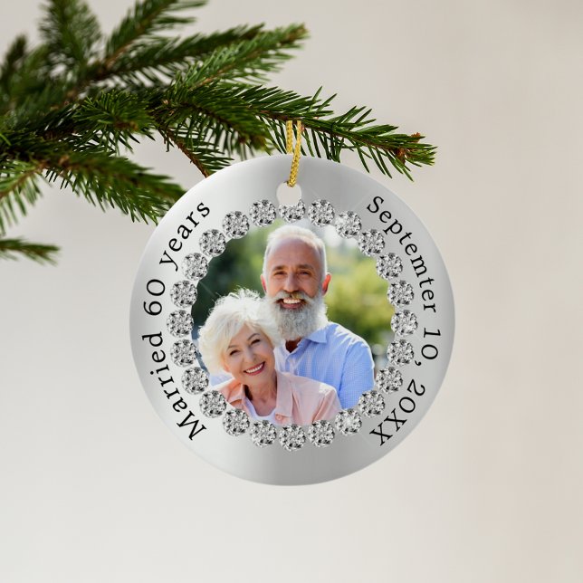 Silver photo 60th diamond wedding anniversary ceramic ornament (Creator Uploaded)