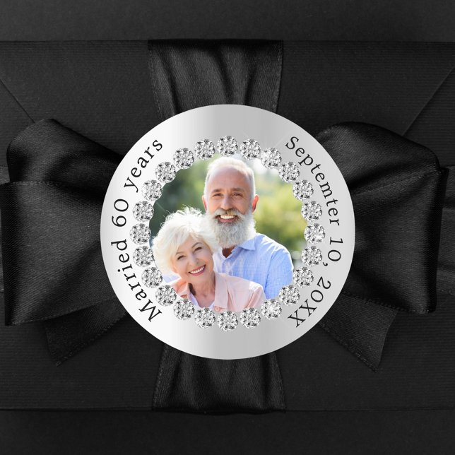 Silver photo 60th diamond wedding anniversary classic round sticker (Creator Uploaded)