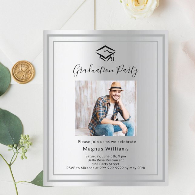 Silver photo cap Graduation Party invitation (Creator Uploaded)