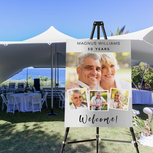 Silver photo collage birthday party welcome foam board