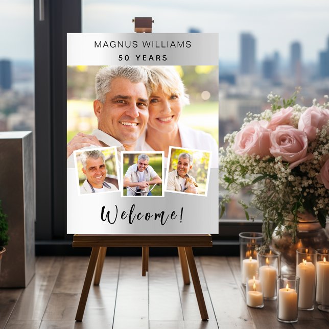 Silver photo collage birthday party welcome foam board (Creator Uploaded)