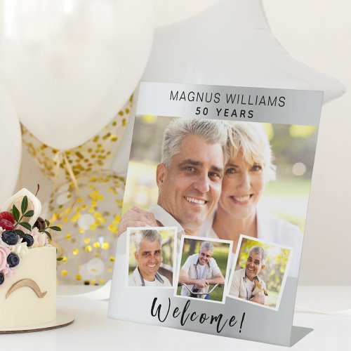 Silver photo collage birthday party welcome pedestal sign