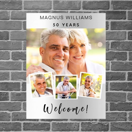 Silver photo collage birthday party welcome poster