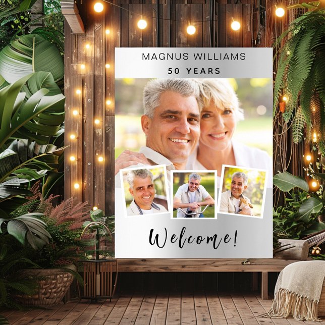 Silver photo collage birthday party welcome poster (Creator Uploaded)