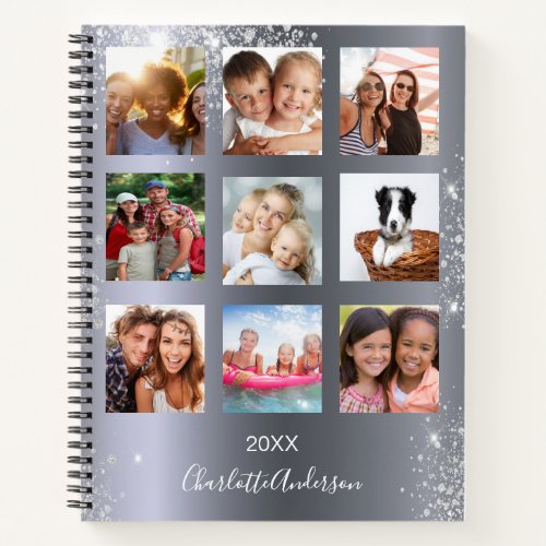 Silver photo collage monogram glitter notebook