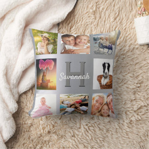 Silver photo collage monogram name throw pillow
