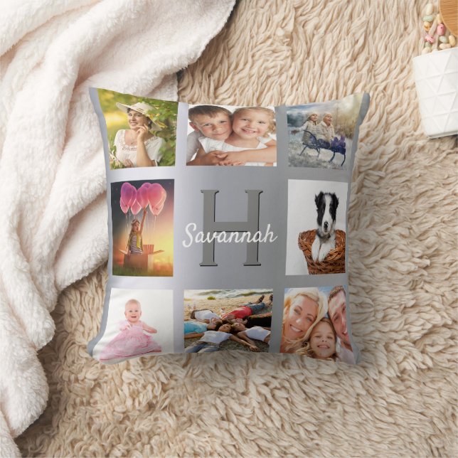 Silver photo collage monogram name throw pillow (Blanket)