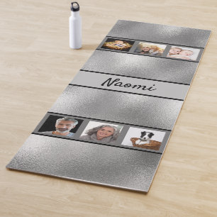 Silver photo collage name elegant script yoga mat