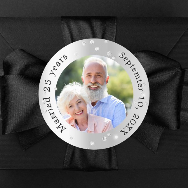 Silver photo diamonds 25th wedding anniversary classic round sticker (Creator Uploaded)