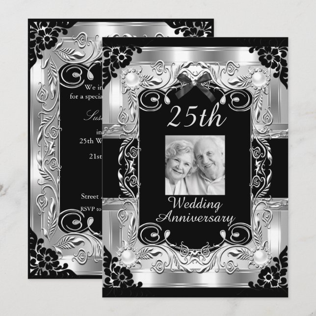 Silver Photo Floral 25th Wedding Anniversary Invitation (Front/Back)