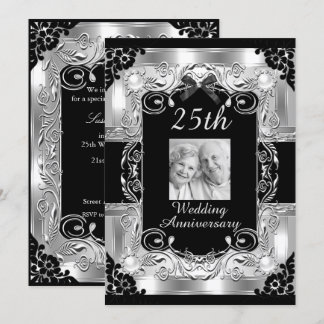 Silver Photo Floral 25th Wedding Anniversary Invitation