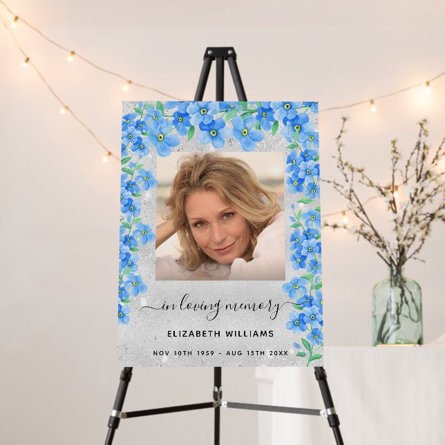 Silver photo forget me not floral memorial funeral foam board (In Situ (Stand))