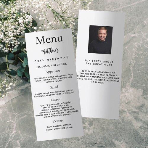 Silver photo fun facts birthday menu card