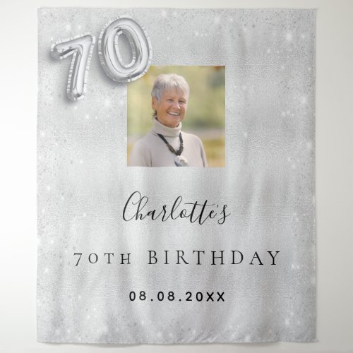 Silver photo glitter welcome 70th birthday tapestry