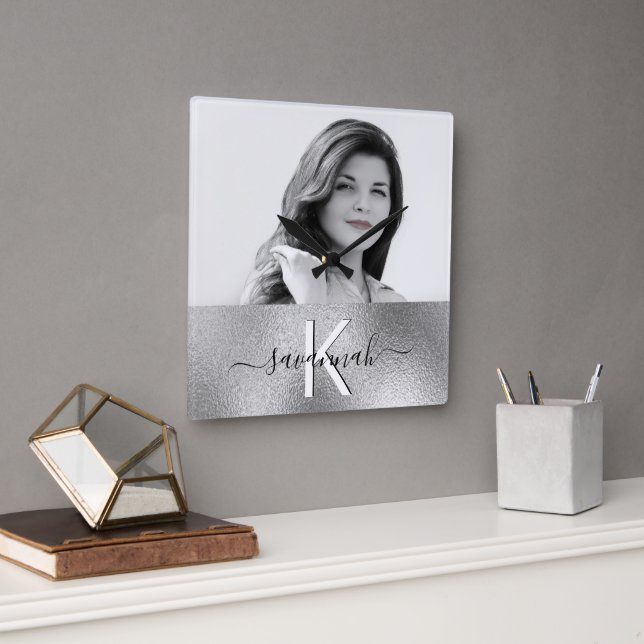 Silver photo monogram name script modern square wall clock (Office)