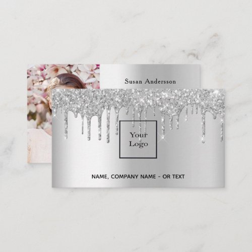 Silver photo QR code glitter drips female Business Card