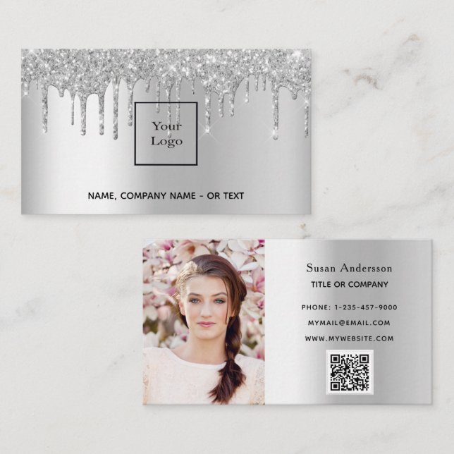 Silver photo QR code glitter drips female Business Card (Front/Back)