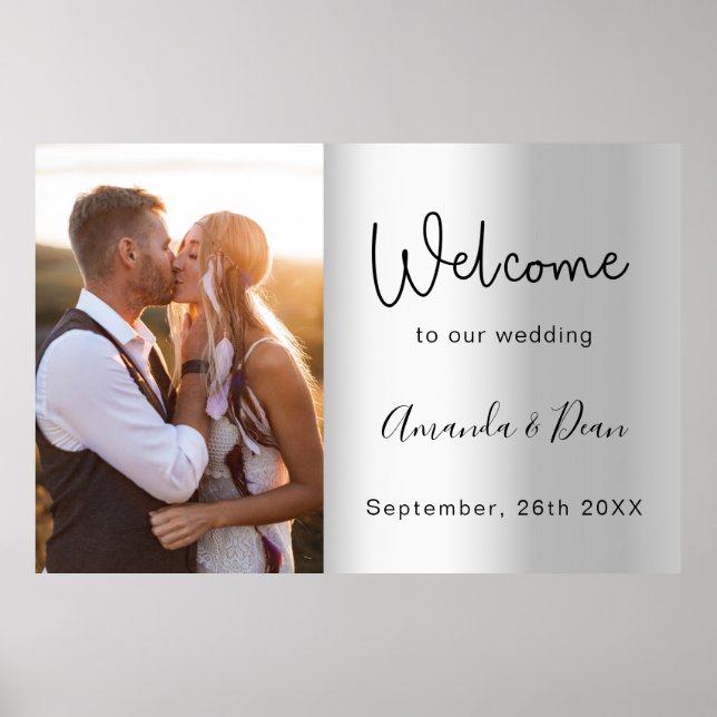 Silver photo script wedding welcome sign (Front)